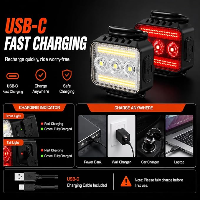 Bright Bike Lights Set for Night Riding, 9+9 Modes Rechargeable eBike Lights Front and Back, Waterproof Bicycle Lights, Bike Headlight and Tail Light Set for MTB, Off-Road & City Riding