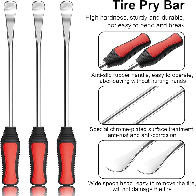 HTOMT 11.5" Tire Spoon Kit, 26pcs Tire Changing Tool for Motorcycle Dirt Bike Lawn Tractor Bicycle, Motorcycle Tire Changer Tire Removal Tool with 3pcs Rim Covers 6pcs Valve Tool Valve Cores(Red)