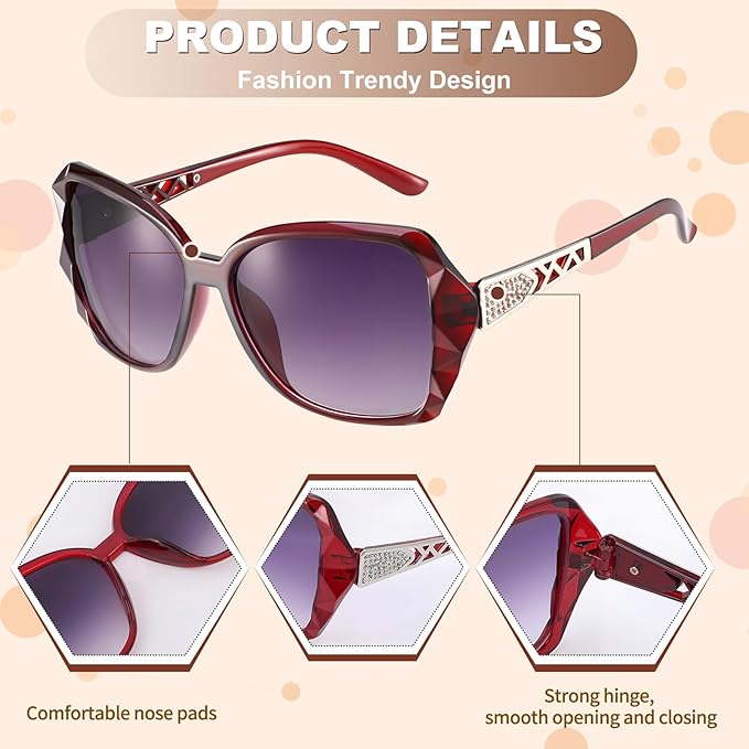 DragonflyDreams 4 Pcs Women Large Sunglasses, UV 400 Glasses Oversized Classic Trend Ladies Sunglasses Sparkling Large Frame