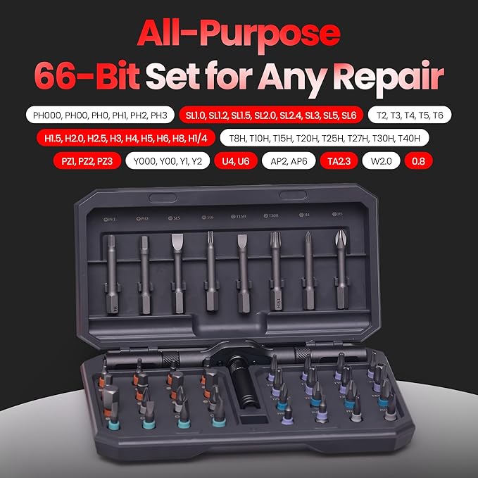 66 in 1 Magnetic Screwdriver Set, Magnetic Ratchet Screwdriver Set with Multi-Bit Ratcheting Handle & Bit Magnetizer, Compact Repair Tool Kit with Storage Case for Furniture, Computer, Bicycle and DIY