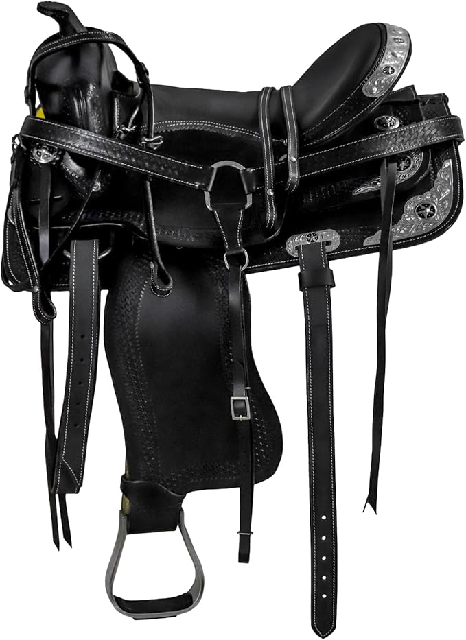 Barrel Brown Western Horse Trail Saddle Set Leather Horse Saddle with Headstall, Breast Collar Combo Rodeo Cowboy Riding Equestrian Comfortable Ride Black Saddle Tack Set