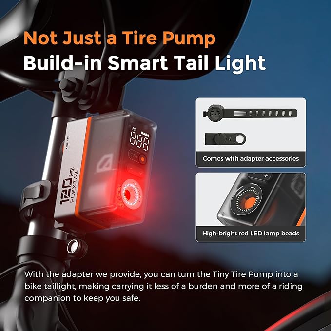 FLEXTAILGEAR Mini Portable Bike Tire Pump with Digital Gauge & Taillight, 120&130 PSI Electric Bicycle Pump, Presta and Schrader Valves, for Road, Mountain Bikes, Motorcycle, Balls