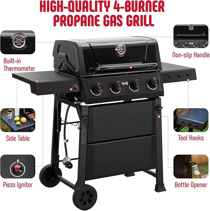 4 Burner Gas Grill, 36,000 BTU Outdoor BBQ Grill with Side Table for Outdoor Cooking & Backyard Barbecue, Premium Enameled Coated Chamber Body with Porcelain-Enameled Grates, Black