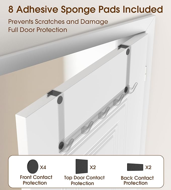 KitchLife Over The Door Hooks - Heavy Duty 5-Hook Organizer, 80lb Total Capacity for Robes, Coats & Towels, Fits 1 3/4" Doors, L18U, Gap-Free & Scratch-Free Design, Black,1-Pack