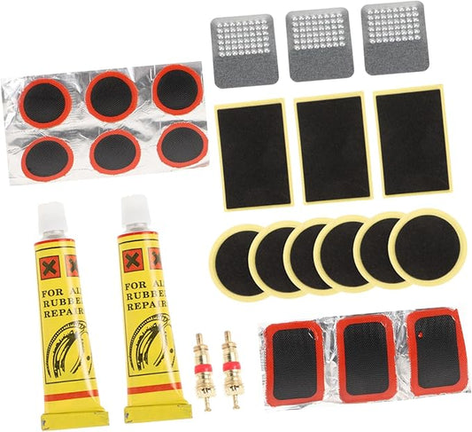 Multi-Function Bike Tire Repair Kit with Cold Adhesive Patches Tire Scraper Dual Glue Bottles for Efficient Inner Tube Repair and Outdoor Use
