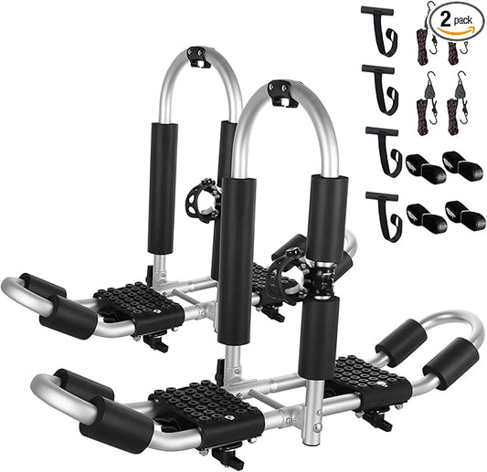 FORWODE 2 Pairs Kayak Roof Rack, 2 in 1 Aluminum Folding J-Bar Roof Rack with 2 Sets Ratchet Tie Straps for Kayak Canoe Boat Surf Ski on SUV Car Truck Crossbar