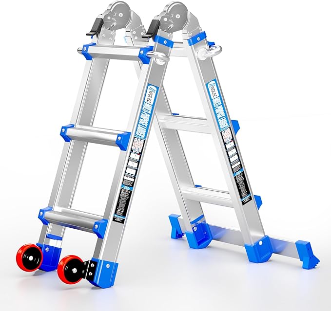 Telescoping A-Frame Ladder- 11FT Folding Extension Ladder with Wheels & Stabilizer Bar, 330lb Security Load Multi Position Ladders for Stairs Home Indoor Outdoor Roof