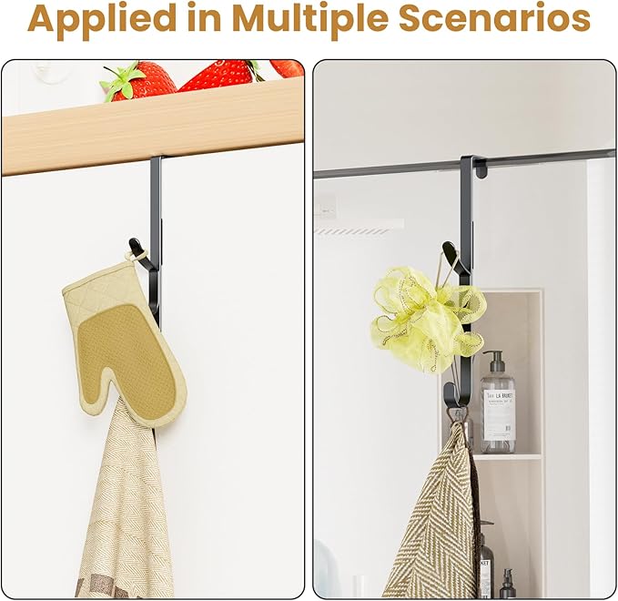 Over the Door Hooks hanger,over the door towel hook Organizer hanging for coat clothes backpack hat purse Metal Towel Rack Back of Shower for Bathroom,Dorm,Bedroom,Kitchen,Office Closet (Black-2Packs)