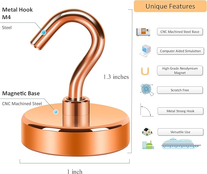 Neosmuk Magnetic Hooks, Heavy Duty 85lb+ Strong Magnet Hook for Cruise Cabins, Cruise Ship Essentials for Hanging, Metal Wall Refrigerator Hangers (Bronze, 10 Pack)