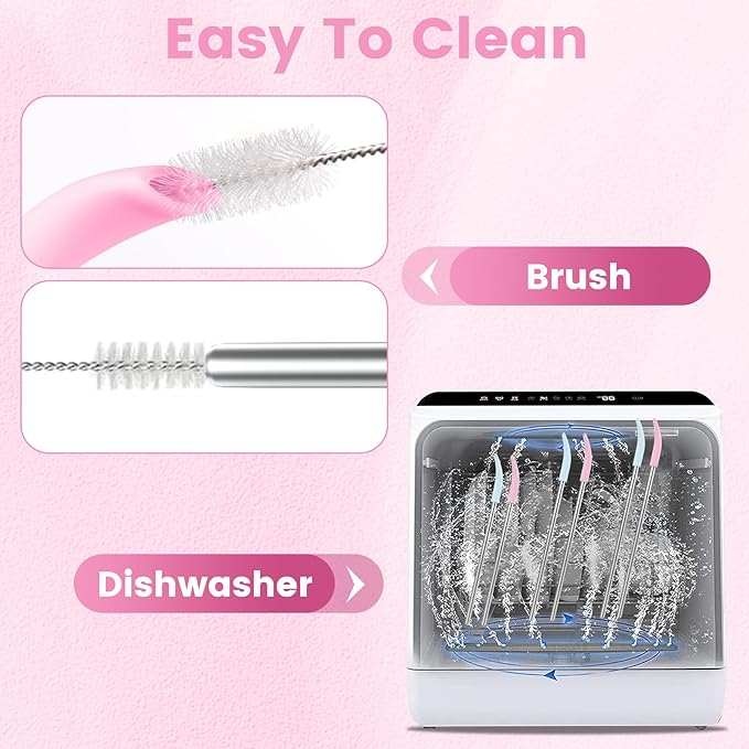 OUTXE Anti Wrinkle Straw 6 Pcs, Flat Wide Drinking Straw for Stanley Cup 40 oz 30 oz, Reusable Wrinkle Free Long Stainless Steel Metal Straw for Lip with Cleaning Brush and Carrying Bag