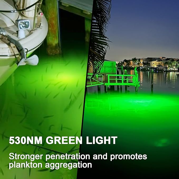 Underwater Fishing Light 120W 15000LM, 530nm Green Submersible Fish Attractant Light with 30FT Cord, 100–240V AC to 12V DC Adapter, 40FT Safety Cable, for Night Fishing, Dock, Boat