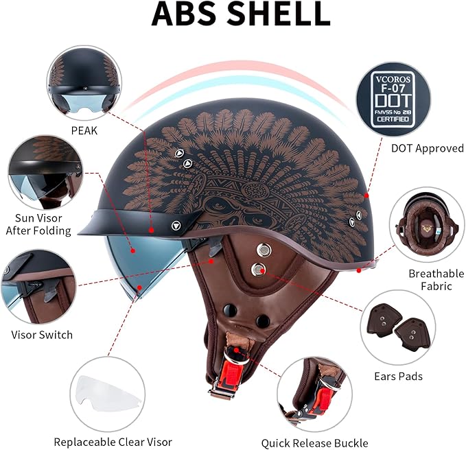 VCOROS Half Helmet Motorcycle DOT Approved Open Face Helmet F07 with Sun Visor and Quick Release Buckle for Adults Men and Women (F07-Indian,XL)