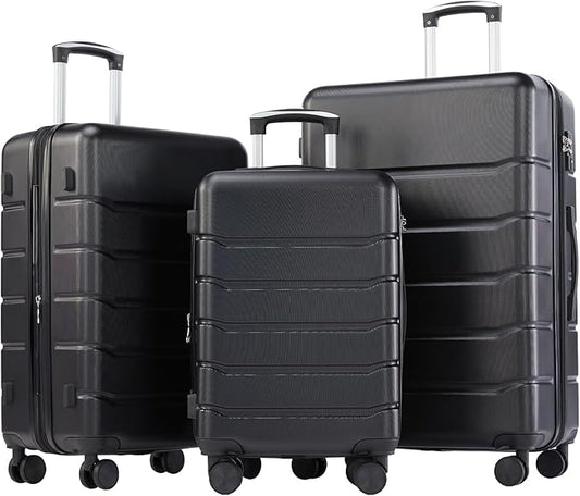 OLIXIS 3-Piece Suitcase Set, Hardside Luggages with Spinner Wheels, Lightweight ABS Hard Shell Travel Luggage, Expandable Carry-On Suitcase with TSA Approved Lock–Black(20+24+28 Inch)