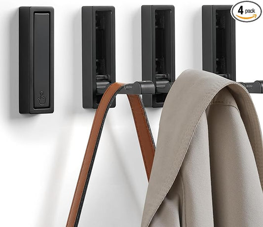Folding Wall Hooks, 4pcs Foldable Coat Hooks, Heavy Duty Zinc Alloy No Rust Fold Up Hooks for Coat, Towel, Key, Hat, Bag, Jacket, Backpack (Matte Black)