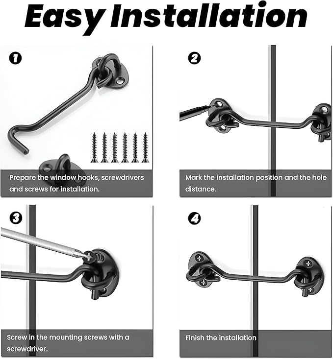 2 Pack 6'' Door Latch Door Lock Hardware, 6'' Hook and Eye Gate Latch Easy Lock for Barn Door, Black Sliding Door Lock with Screws for Window, Cabin Hooks