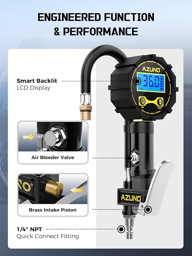 AZUNO Presta Valve Adaptor with Pressure Gauge, 200psi Dual-Port Schrader & Presta Valve Pump, Bike Tire Inflator for Air Compressor, Can Check, Inflate, Deflate for Bicycles, Motorcycles, Cars