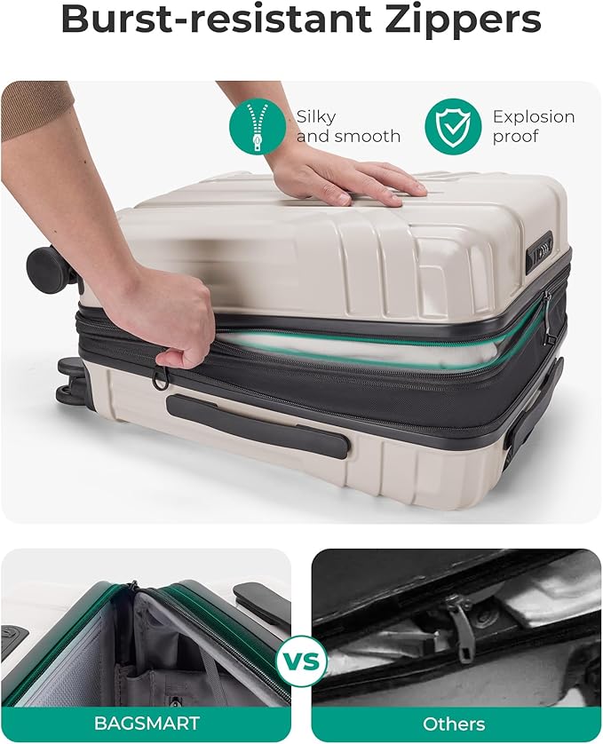 BAGSMART 拡張可能機内持ち込みスーツケース 22x14x9 航空会社承認 100% PC軽量ハードシェル、スピナーホイール付き20インチ旅行かばん、防水ローリングスーツケース、ベージュ