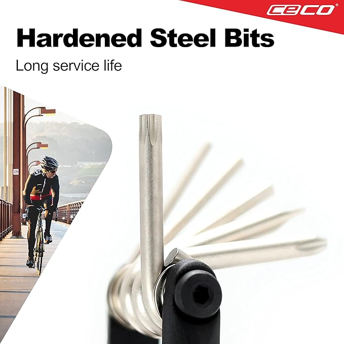 CECO USA 10 Function Bike Tool, Bicycle Multi Tool, Heavy Duty, Compact Pocket Sized, Lightweight, High Strength CR-V 6150 Tool Steel, Easy To Carry, Case Pouch Included, Original