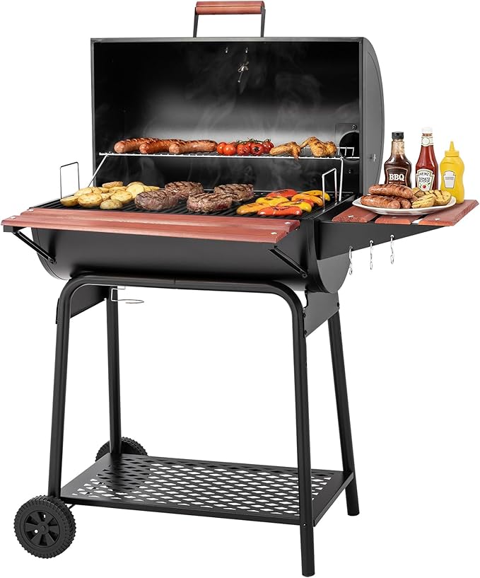 Royal Gourmet CC1830V 30 Barrel Charcoal Grill with Wood-Painted Side Front Table, 627 Square Inches Cooking Space, for Outdoor Backyard, Patio and Parties, Black