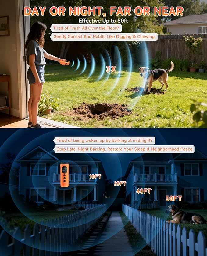 ATESON 3X Ultrasonic Dog Bark Deterrent, Long Range Anti Barking Device for Small Dog, Rechargeable Behavior Training Tool with Flashlight, Safe Humane for Indoor Outdoor Use