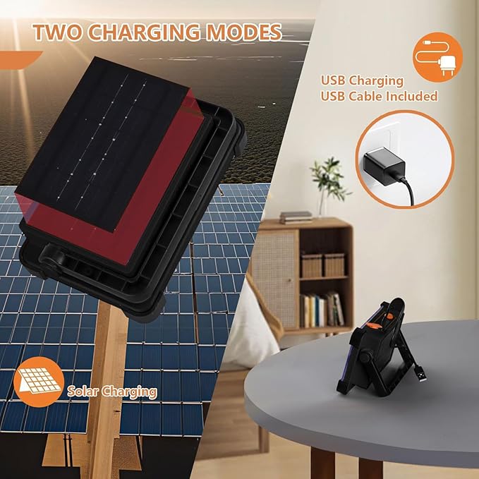 120W ソーラー充電式ワークライト、144LED ポータブル投光器スタンド付き、IP66防水 4モード LED 作業灯、メカニック、キャンプ、釣り、車の修理用懐中電灯（ブラック 1パック）