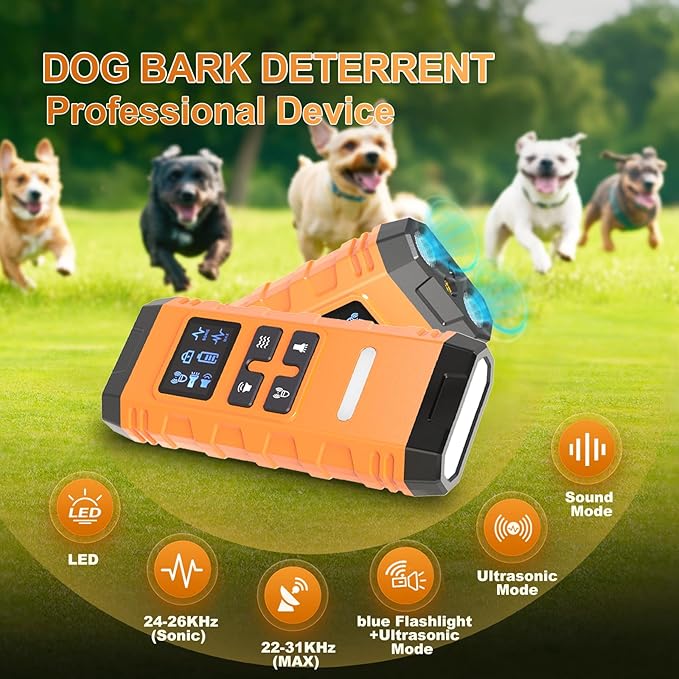 Dog Bark Deterrent Device,Anti Barking Device for Dogs, Ultrasound Dog Bark Deterrent,Best Anti-Barking Device, 4 Modes & LED Light & LCD Screen Portable Indoor & Outdoor(Orange)