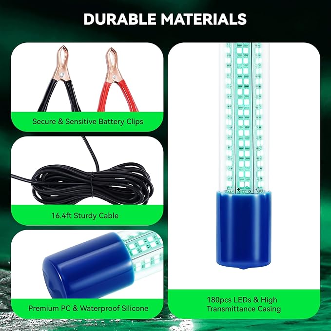 18W Underwater Fishing Light, IP68 Waterproof DC 12-24V LED Fish Bait Light Submersible Finder Attractants Lamp for Crappie Shrimp Squid Catfish + Battery Clamps, 16.4ft Cable Green/Blue/White Light