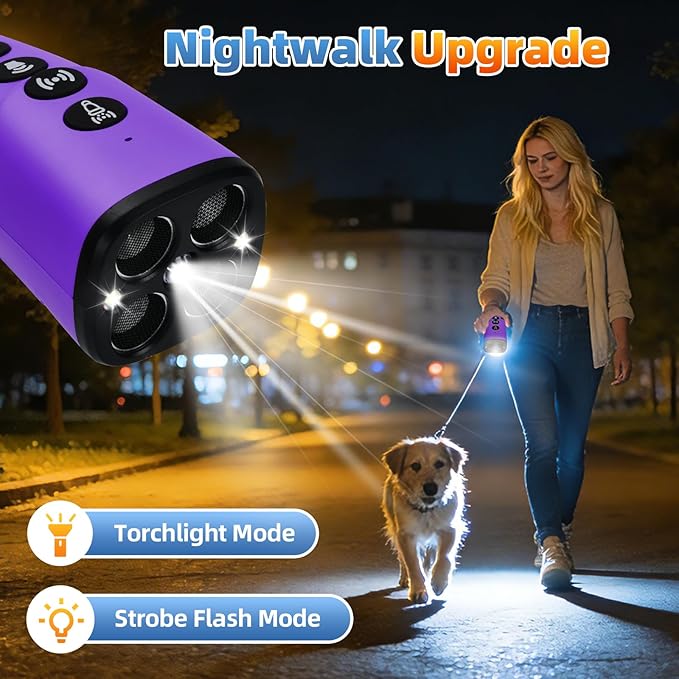 4X Ultrasonic Dog Bark Deterrent Device, 2026 Newest Stop Neighbors Dog Barking, 4 Nozzles Up 90% Efficiency, 3 Modes Humane Training Tool with Flashlight , Safe for Pet Indoor Outdoor(Purple)