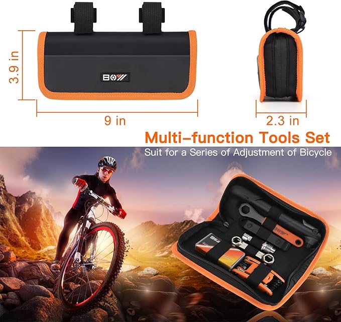 Bicycle Repair Bag With Tire Pump, Portable Tool Kit for Camping Travel - Bike Glueless Patches, Maintenance Essentials All in One Safety Kit