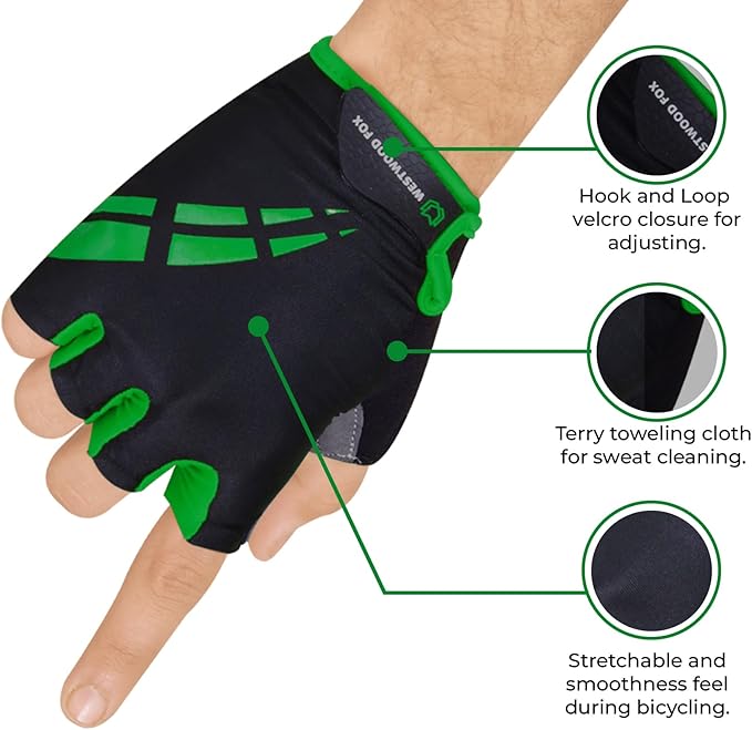 WESTWOOD FOX Cycling Gloves for Men Women,Half Finger Unisex Gel Padded Anti-Slip Mountain Bike Gloves, Breathable Shock Absorption Grip Palm Bicycle Summer Riding MTB Bike Gloves