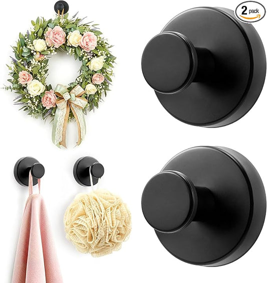 Upgraded Suction Cup Hooks for Shower, Heavy Duty Removable Towel Hooks for Bathroom Glass Door Wall, Stainless Steel Shower Hooks for Towel & Loofah (2 Pack, Black)