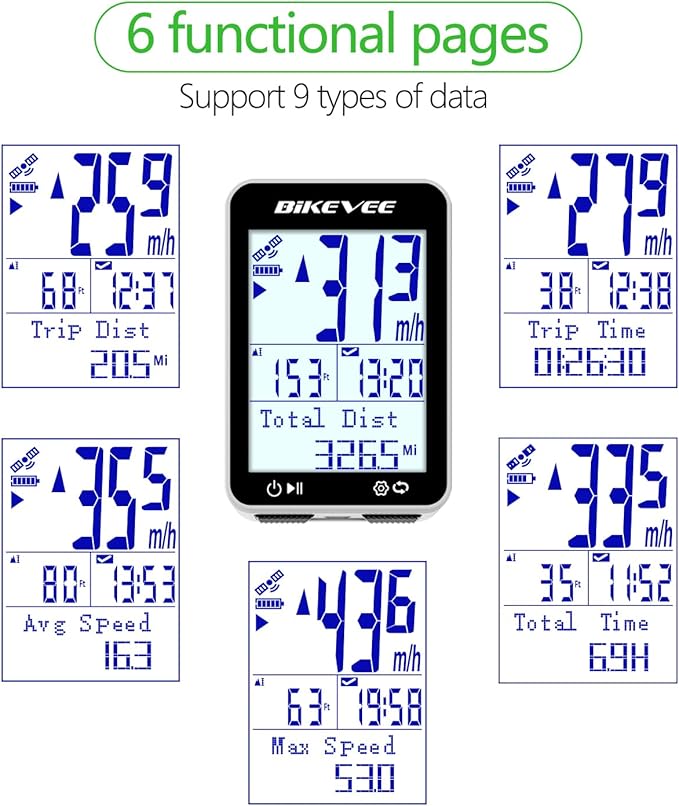 GPS Bike Computer Wireless Bicycle Speedometer Odometer 9 Languages Auto Backlight Auto Start Stop IPX7 Waterproof 2.4 Inch LCD Supports MPH KMH