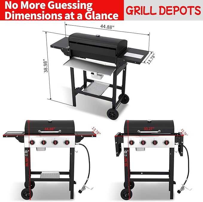 4-Burner Propane Gas Grill, 38250 BTU Outdoor BBQ Grill with Cast Iron Grates & Foldable Side Shelves, Portable Grill for Backyard, Patio, Camping, Black