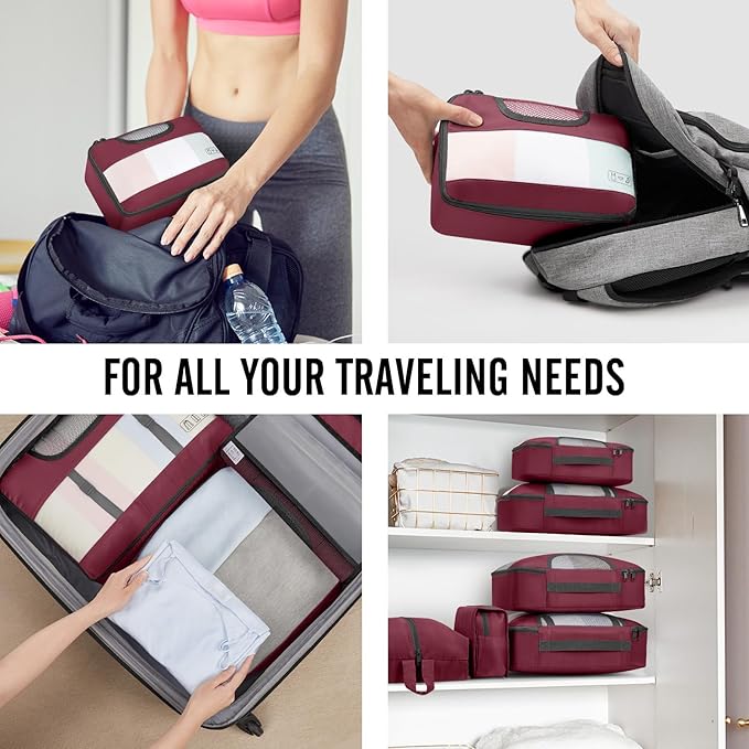 Veken パッキングキューブ10点セット 旅行必需品 スーツケース整理バッグ 4サイズ 機内持ち込み手荷物アクセサリー 大型ランドリー＆吊り下げ式トイレタリーバッグ付き 飛行機、ロードトリップ、キャンプの必需品