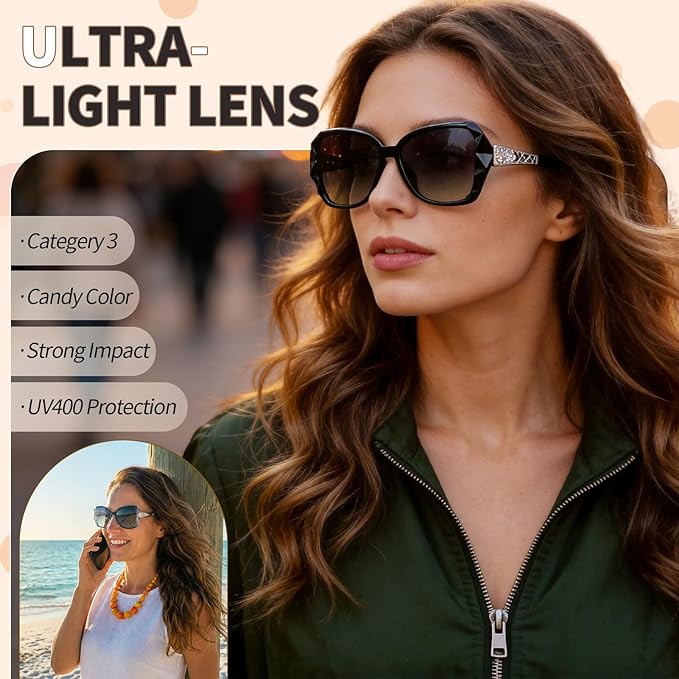 DragonflyDreams レディースビッグサングラス 4点セット UV400対応 オーバーサイズ クラシックトレンド レディーズサングラス スパークリングビッグフレーム