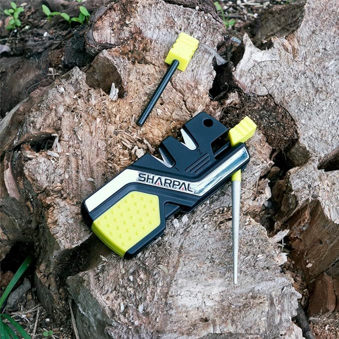 SHARPAL 101N-G Kitchen Pocket Knife Sharpener Survival Camping Tool with 2 Fire Starters Ferro Rod, Whistle & Diamond Sharpening Rod for Straight and Serrated Blade