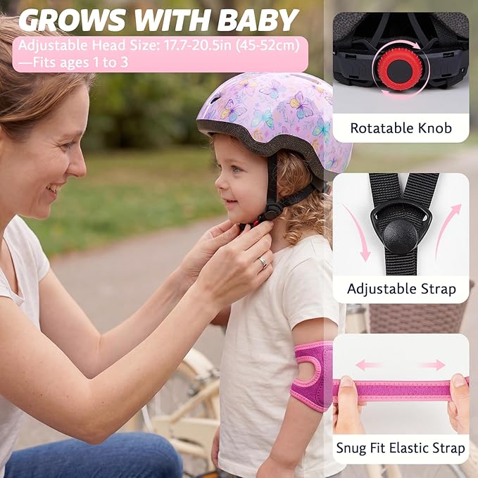Toddler Helmet with Knee Pads and Elbow Pads Set for Kids Age 1-3, Adjustable Infant Baby Bike Helmet for Girls Boys for Balance Bike, Scooter, Bicycle