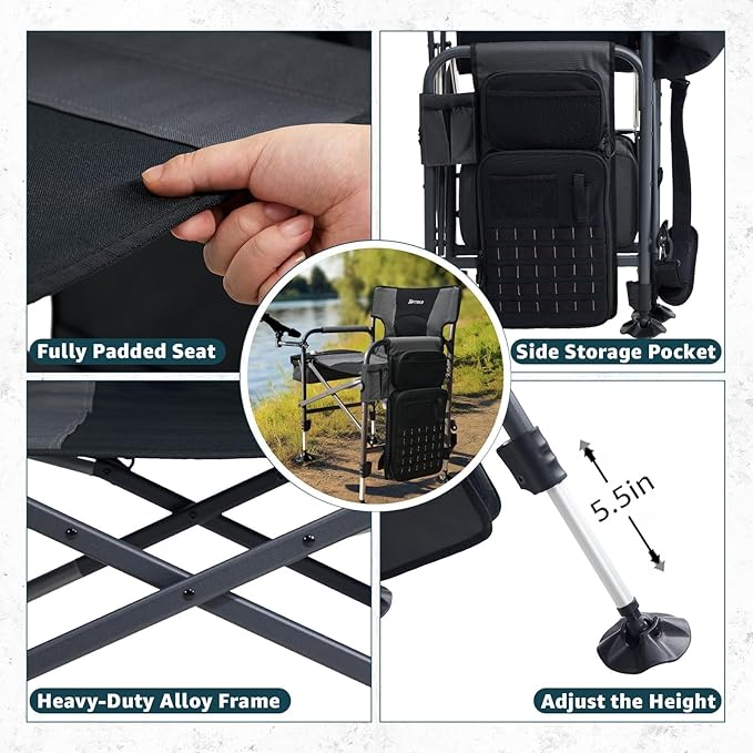 X Strike Fishing Chairs with Rod Holder, Folding Ice Fishing Chair for Adults Outdoor Camping Chair Leg Adjustable with Cooler Bag and Storage Bag for Camp, Lawn, Patio, Garden (Black)