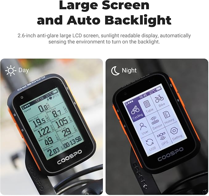 COOSPO Bike Computer Wireless GPS, Bike Speedometer with Auto Backlight, Bluetooth ANT Cycling GPS Computer, Bicycle Computer BC200 with Waterproof, Compatible with CooSporide app