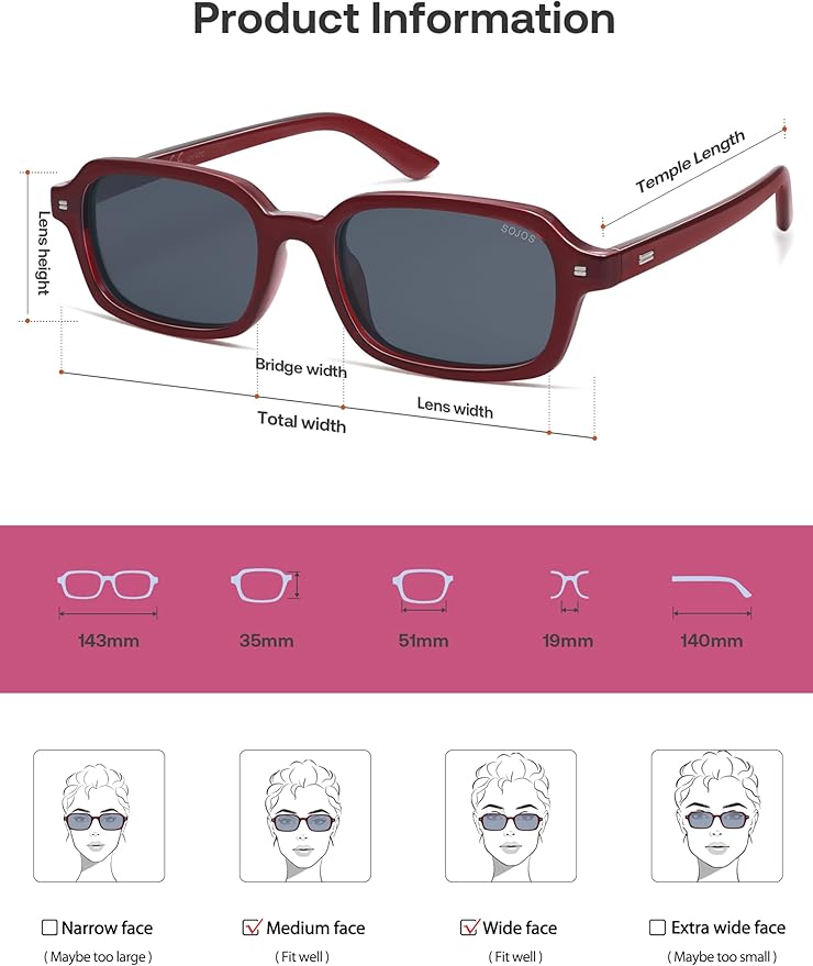 SOJOS Trendy Rectangle Polarized Sunglasses Womens Mens, Small Retro Fashion Thin Slim Square Sunnies SJ2610