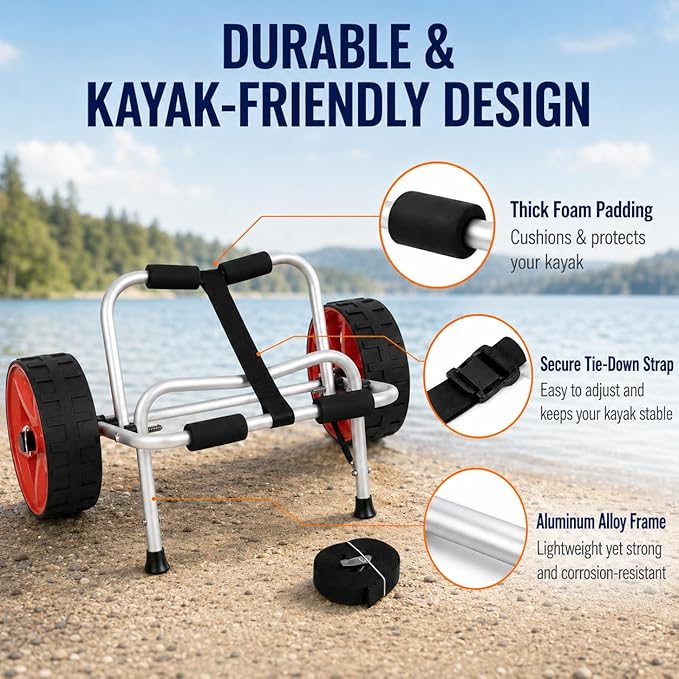 Kayak Cart with 10" Flat-Free 4-Inch Wide Wheels, 230 lb Heavy Duty Kayak Dolly Carrier, Foldable Aluminum Canoe Trolley with Tie Down Strap, Padded Bunk Support for Kayaks Canoes Paddle Boards