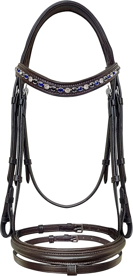Equine Care Leather English Horse Bridle with Reins, Full Size, Choice of Browband Style, Padded Crown & Cavesson Noseband, Stainless Steel Hardware, Hunter Show Bridle.
