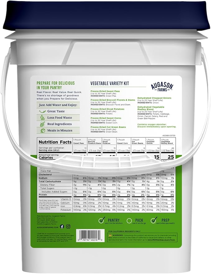 Augason Farms Freeze Dried Vegetable Variety Pail, Emergency Food Supply, Everyday Meals