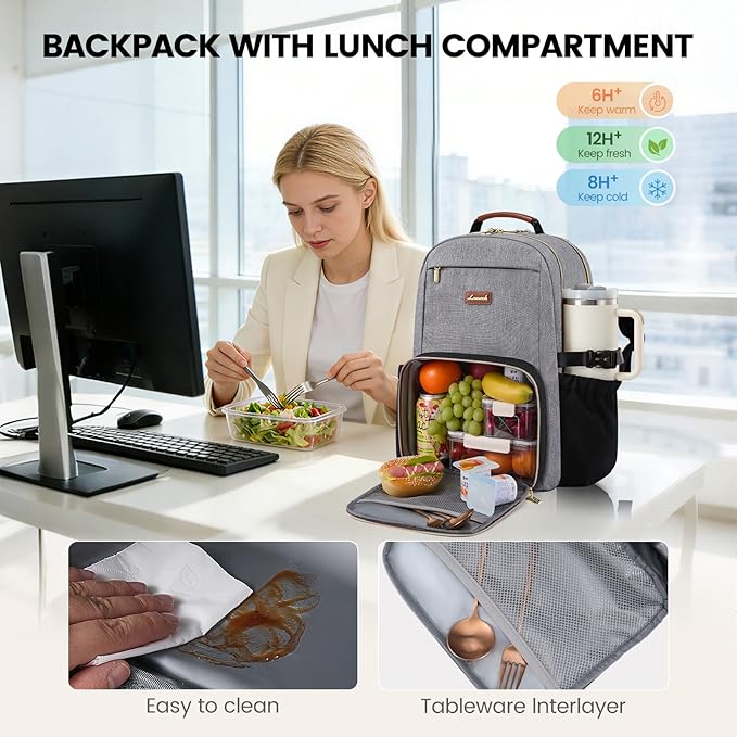 LOVEVOOK Lunch Backpack with Lunch Compartment,17 Inch Laptop Work Travel Insulated Cooler Backpack, Waterproof College Teacher Lunch Bag Box with Tumbler Holder,Gifts for Men Women,Grey-Black-Brown