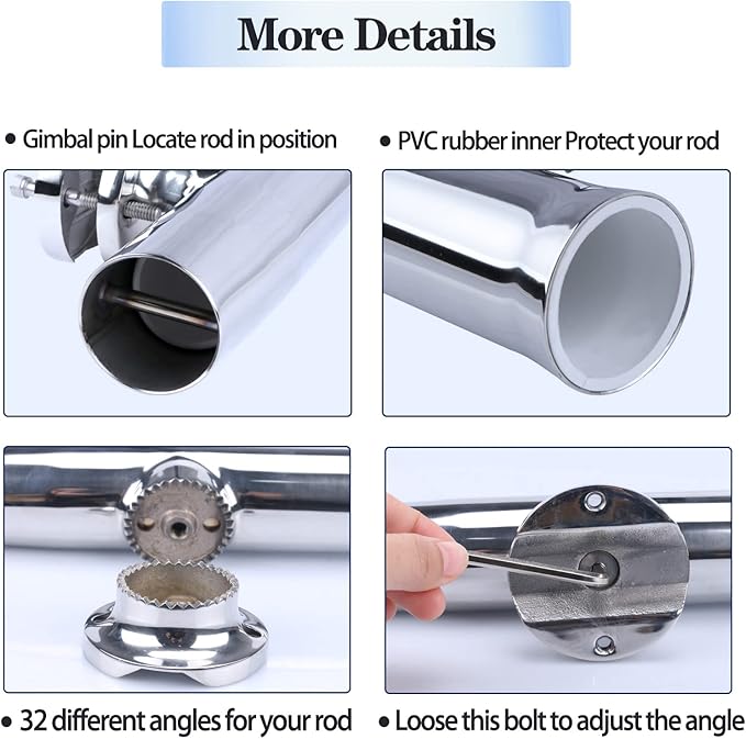 Marinebaby (2X) 316 Stainless Tournament Style Boat Fishing Holder Clamp on Fishing Rod Holder for Boat 1-1/4" to 2" Rail Gimbal Pin at Bottom
