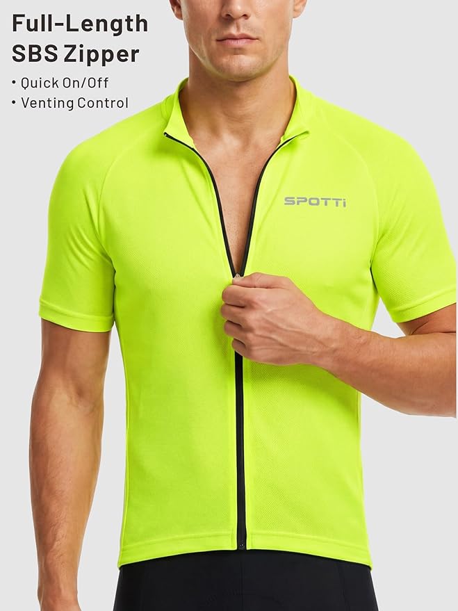 Spotti Men's Cycling Bike Jersey Short Sleeve with 3 Rear Pockets- Moisture Wicking, Breathable, Quick Dry Biking Shirt
