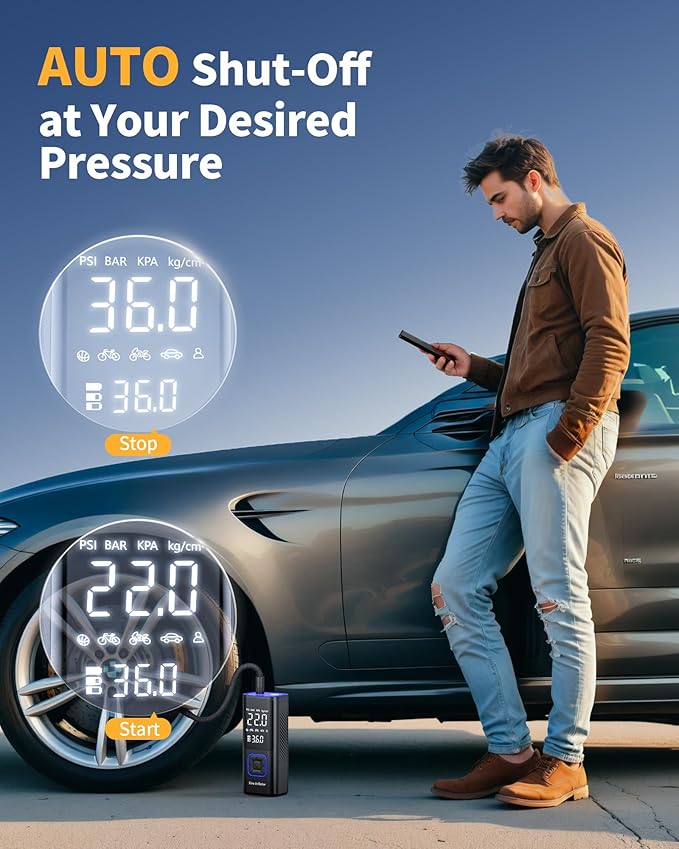Powools Cordless Tire Inflator 150PSI Portable Air Compressor with Auto Shutoff, Air Pump for Car Tires, Motorcycle, Bike, Balls, Inflatables, LED Light, Blue, Large Capacity