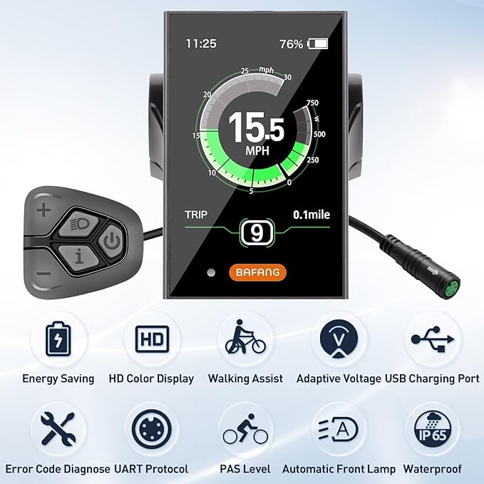 BAFANG Display DPC18/C010 for BBS01B BBS02B BBSHD M400, M500 Mid Motor Pedal Assist eBike Computer Display with Automatic Backlight UART/CAN Protocol