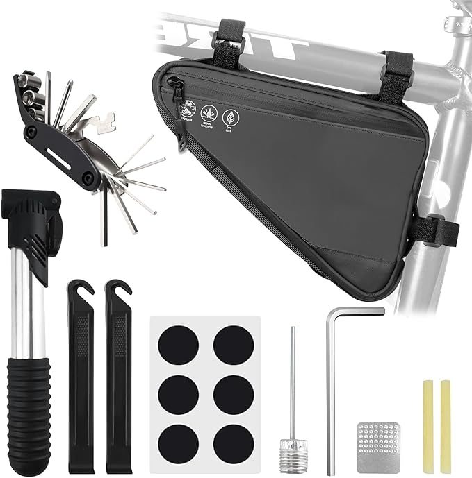 2L Bike Frame Storage Bag with Water Resistant Reflective ,Bike Tire Repair Tool Kit,Mini Bike Pump,16 in 1 Multitool & Bicycle Tyre Lever Patch Repair Tool Accessories Set for Mountain Road Bike, MTB