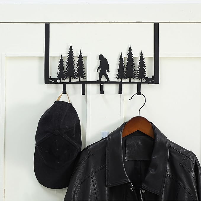 Black Bigfoot Over The Door Hooks Hanger Wall Mount Towel Hanger Door Holder Organizer 5 Hooks Kawaii Farmhouse Rustic Coquettish Style Decor for Bedroom Bathroom Towel Hat Clothes